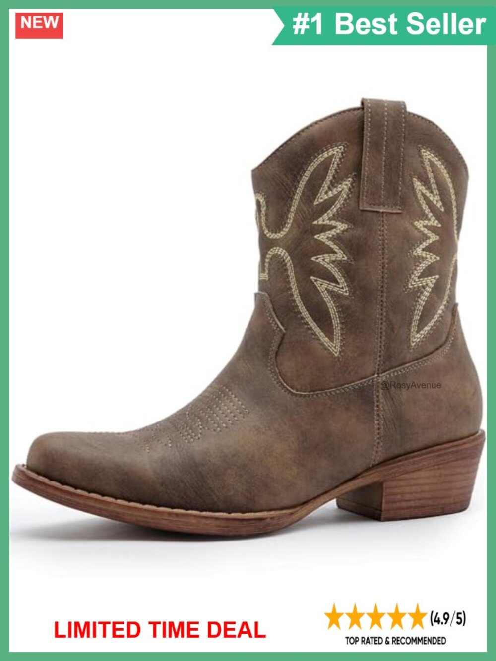 Faux Leather Western Ankle Boots Snip Toe Side Zipper Cowboy Booties